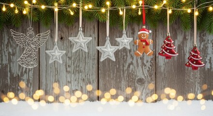 Festive christmas ornaments on rustic wood and snow with bright