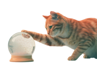 Playful orange tabby cat curiously batting at a festive snow globe. Adorable pet animal enjoying the magic of winter and holiday season, perfect for Christmas themes.