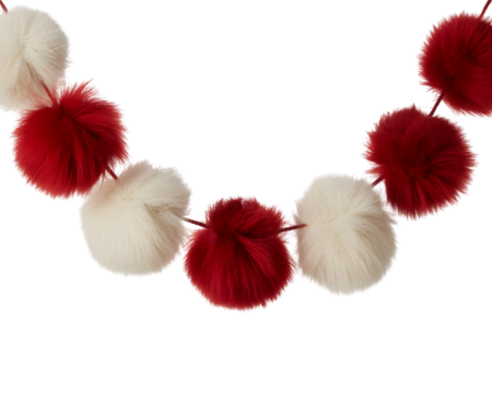 Festive red and white fluffy pom-poms garland, perfect for Christmas banners, holiday decorations, seasonal designs, and cozy winter projects. High-quality holiday background with soft, vibrant col