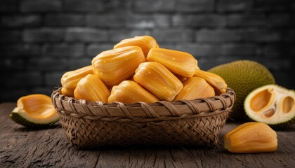 Golden Jackfruit Feast: A visual feast of succulent jackfruit, inviting exploration of flavors. This image showcases a collection of jackfruit pieces, tantalizing and ready to be savored.
