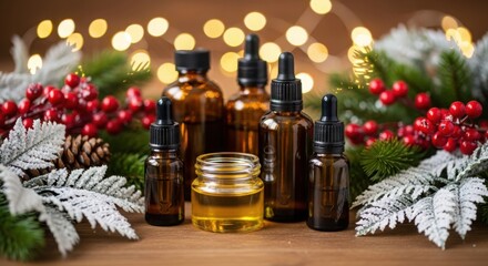 Holiday essential oil blend bottles with festive winter decor.