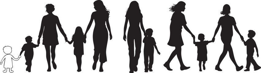 Silhouette of Mothers and Children Walking Together in Unity and Family