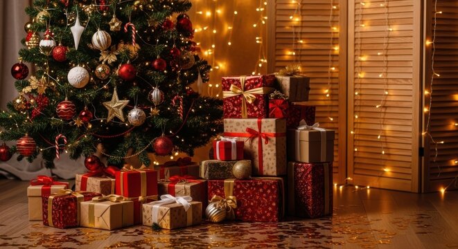 Festive christmas tree with glowing lights and wrapped gifts below