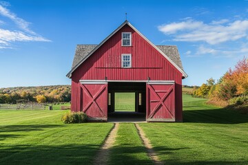 Obraz premium A vibrant red barn stands proudly amidst a stunning autumn landscape, where colorful foliage paints the scene under a bright, clear blue sky