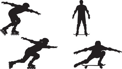 Skateboarders and roller skaters silhouettes riding equipment in skate park