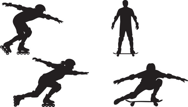 Skateboarders and roller skaters silhouettes riding equipment in skate park