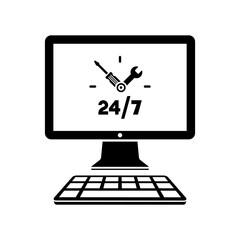 Computer assistance 24/7 full time - Vector flat icon