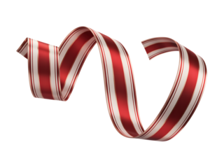Festive red and white striped ribbon, elegantly curling like a candy cane, perfect for Christmas banners, holiday greetings, gift wrapping, or seasonal decorations. Isolated graphic element.