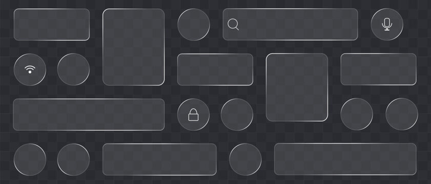 Liquid glass smartphone icon interface isolated for dark theme. White ui light frame square and circle banner with glow stroke. Control center widget for smartphone and web app, vector 