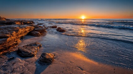 stunning sunset over ocean waves reflecting light on rocky beach landscape - AI Generated Digital Art