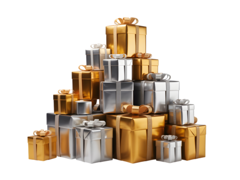 Luxurious stack of shiny gold and silver Christmas presents, piled high against a dark background. Perfect for holiday sales, festive season promotions, New Year celebrations, and gift-giving theme