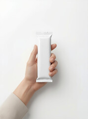 White protein bar packaging being held upwards in white setting
