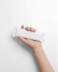 White protein bar packaging being held in white setting