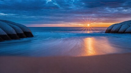 stunning sunset over ocean waves with rocky shoreline and vibrant colors reflecting on water surface - AI Generated Digital Art