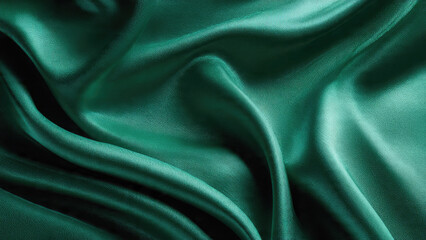 Luxurious emerald green satin fabric with elegant drapes and soft folds, showcasing its smooth texture and rich sheen.