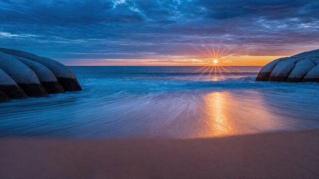 stunning sunset over ocean waves with rocky shoreline and vibrant colors reflecting on water surface - AI Generated Digital Art