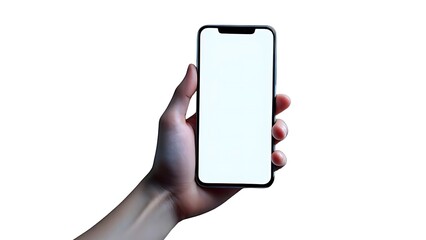 Hand holding a modern mobile phone with a blank screen, perfect for showcasing app interfaces, websites, or digital content in a clean, isolated studio setting