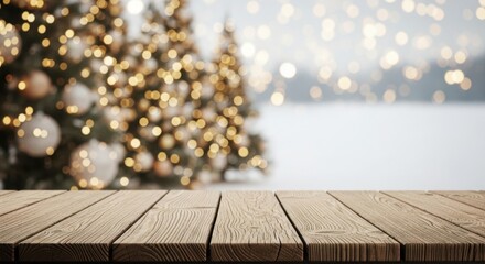 Wooden table with blurred festive christmas tree lights background