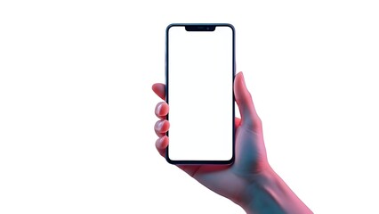 Hand holding a modern smartphone with a blank white screen, perfect for showcasing app interfaces, website designs, or digital content in a clean, professional studio setting