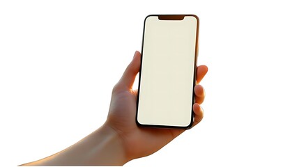 Hand holding a modern smartphone with a blank white screen, perfect for displaying digital content, apps, or communication interfaces