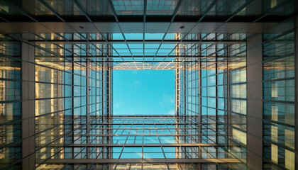 Futuristic glass roof architecture reflecting the urban sky in a modern building's interior hall