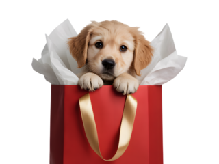 Adorable golden retriever puppy peeking from a red gift bag with white tissue paper, perfect for holiday pet gifts, Christmas surprises, and cute animal imagery.