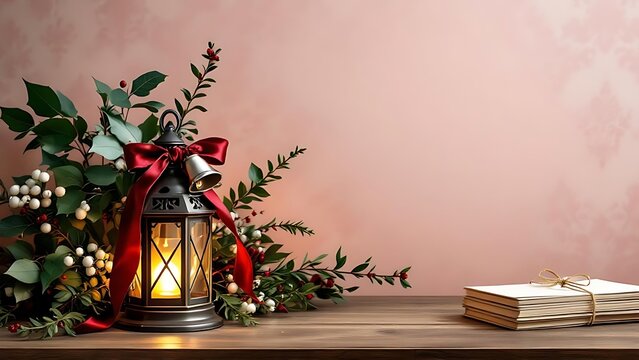 Warm glow of an antique lantern adorned with red ribbon and festive greenery, placed on a wooden surface against a soft pink backdrop, evoking a cozy holiday atmosphere with stacked books nearby