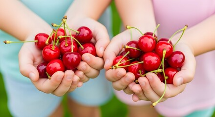 Two pairs of hands holding fresh ripe red cherries in a close up shot