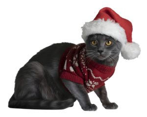 Adorable grey cat dressed in a festive Christmas Santa hat and a cozy red snowflake sweater, perfect for holiday greetings, pet-themed designs, and winter marketing.