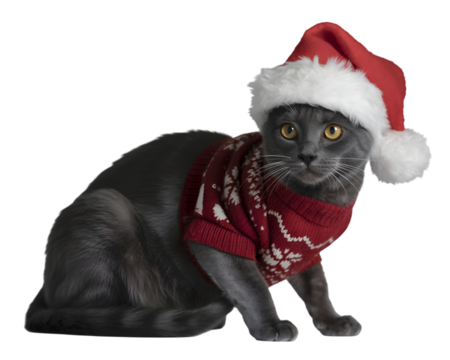 Adorable grey cat dressed in a festive Christmas Santa hat and a cozy red snowflake sweater, perfect for holiday greetings, pet-themed designs, and winter marketing.
