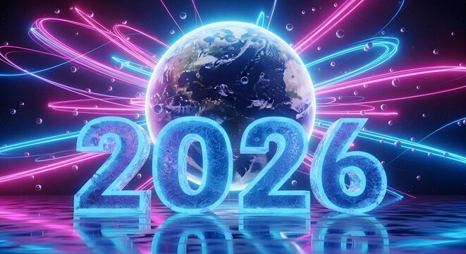 Futuristic 2026 new year celebration with earth globe and neon lights