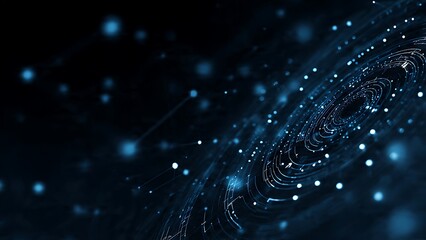 Abstract dark background with glowing blue bokeh lights and swirling particles
