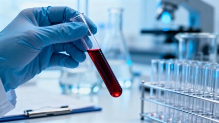 Close up of gloved researcher handling red liquid test tube symbolizing medical precision and controlled laboratory environment