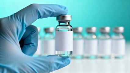 Fototapeta premium Gloved hand holding small glass vial with blank white label in bright sterile laboratory showing precision and clinical focus