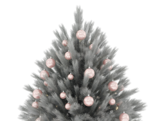 Elegant modern Christmas tree with silver branches and pink baubles, isolated on black. Perfect for festive holiday designs, cards, banners, and winter celebrations. Beautiful yuletide ornament.