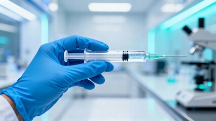 Healthcare professional handling clear syringe with plunger and cap against blurred laboratory