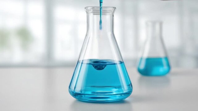 Laboratory Scene with Blue Liquid in Glass Flask and Empty Flask in Background, Science Experiment Concept 4k video footage