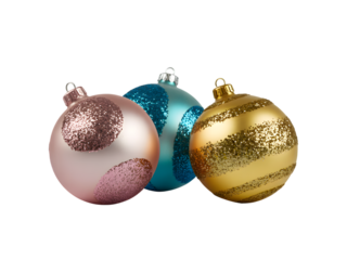 Sparkling Christmas ornaments in festive gold, blue, and rose pink with glitter designs. Perfect holiday decorations for joyous celebrations, winter themes, and cheerful seasonal designs on a sleek