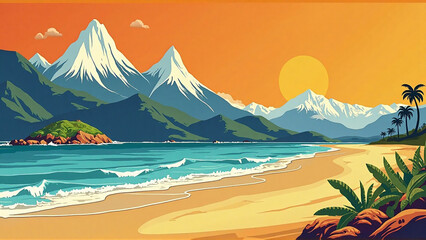 Summer Mountain Landscape Vector &ndash; Trees, Hills, Water & Clouds Creating a Calm Horizon View in Scenic Nature Illustration