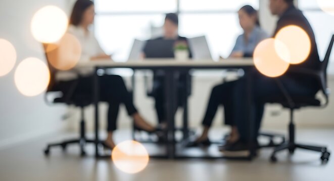 Blurred image of a diverse group of people in a business meeting around a table