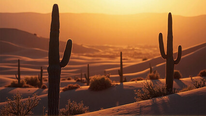 Sunset Desert Landscape &ndash; Dramatic Sky with Orange-Red Sunlight, Mountains, Sea, Beach & Nature Scenery from Sunrise to Sunset