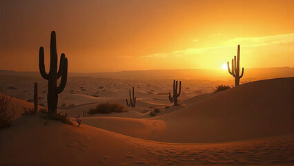 Sunset Desert Landscape &ndash; Dramatic Sky with Orange-Red Sunlight, Mountains, Sea, Beach & Nature Scenery from Sunrise to Sunset