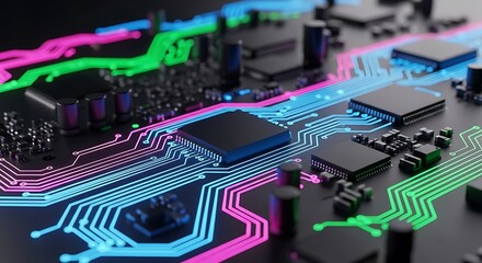 Close up of a glowing circuit board with colorful neon lights