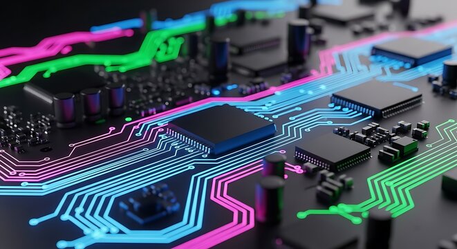 Close up of a glowing circuit board with colorful neon lights - Powered by Adobe