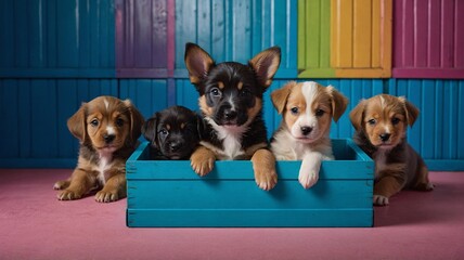 Five adorable puppies of various breeds playfully posing in a colorful box, showcasing their playful and curious nature.