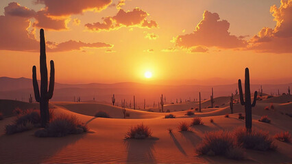 Sunset Desert Landscape &ndash; Dramatic Sky with Orange-Red Sunlight, Mountains, Sea, Beach & Nature Scenery from Sunrise to Sunset
