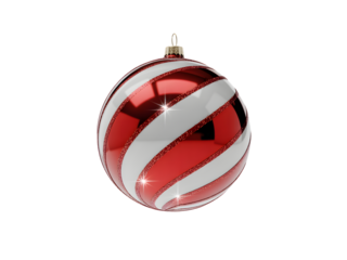 Vibrant red and white striped Christmas ornament, sparkling with glitter on a black background. Perfect festive bauble for holiday decorations, celebration, and Xmas seasonal designs.