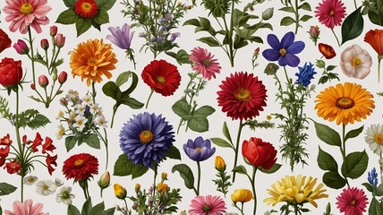 A vibrant arrangement of colorful flowers, showcasing a variety of blooms in shades of red, pink, yellow, and purple.