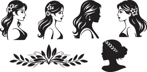 Black and white silhouette of beautiful women with elegant floral decorations