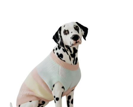 Adorable Dalmatian dog modeling a fashionable pastel striped knitted sweater, showcasing cute pet apparel against a clean black background. Perfect for pet fashion, animal care, and companion anima
